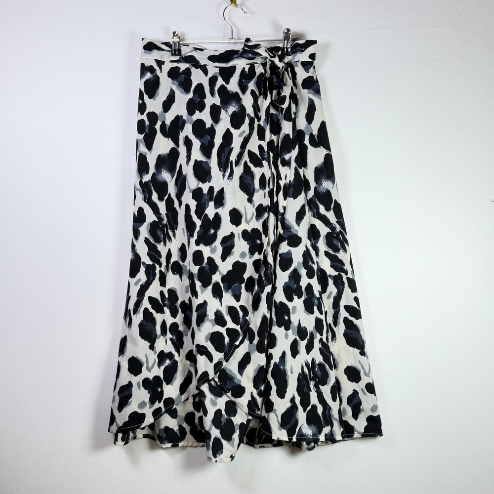 NEWCHOICE Black White Gray Abstract Leopard Print Wrap Midi Skirt Size L